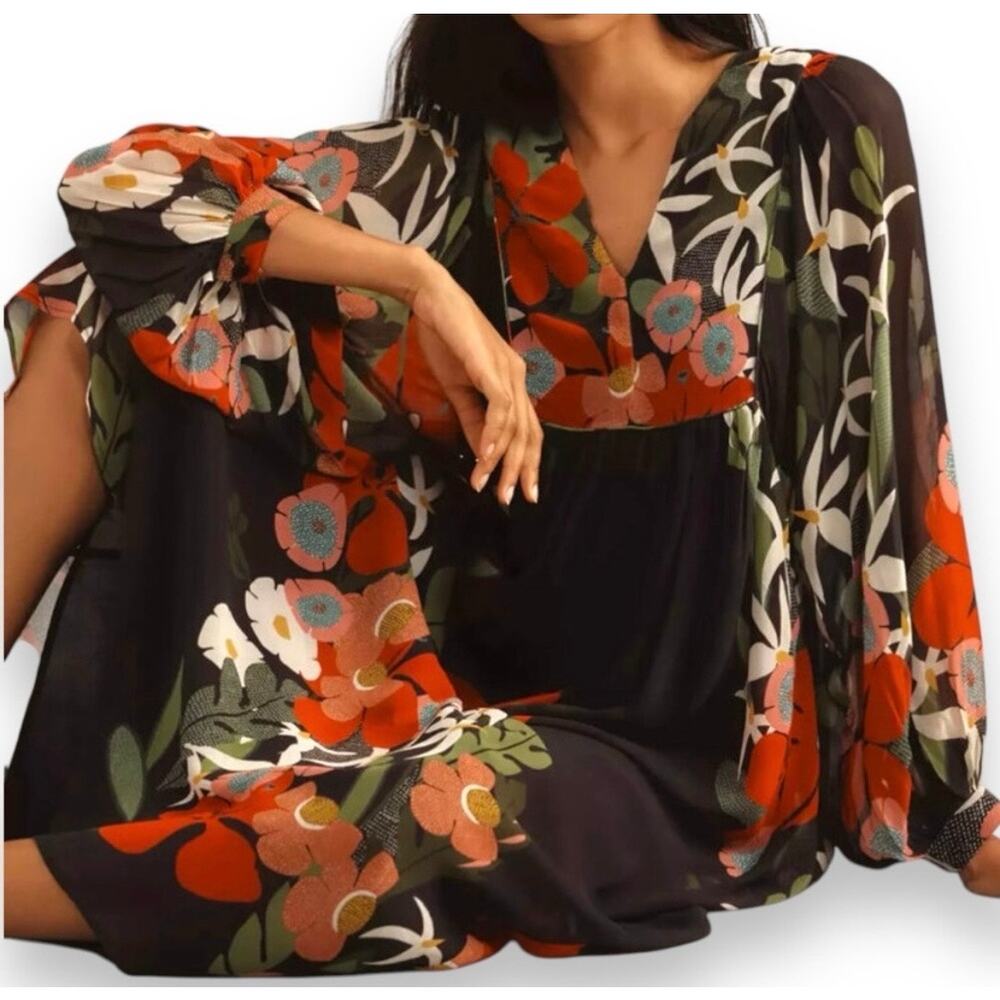 Farm Rio x Anthropologie Long Sleeve V Neck Floral Maxi Dress Balloon Sleeve S - Picture 3 of 11